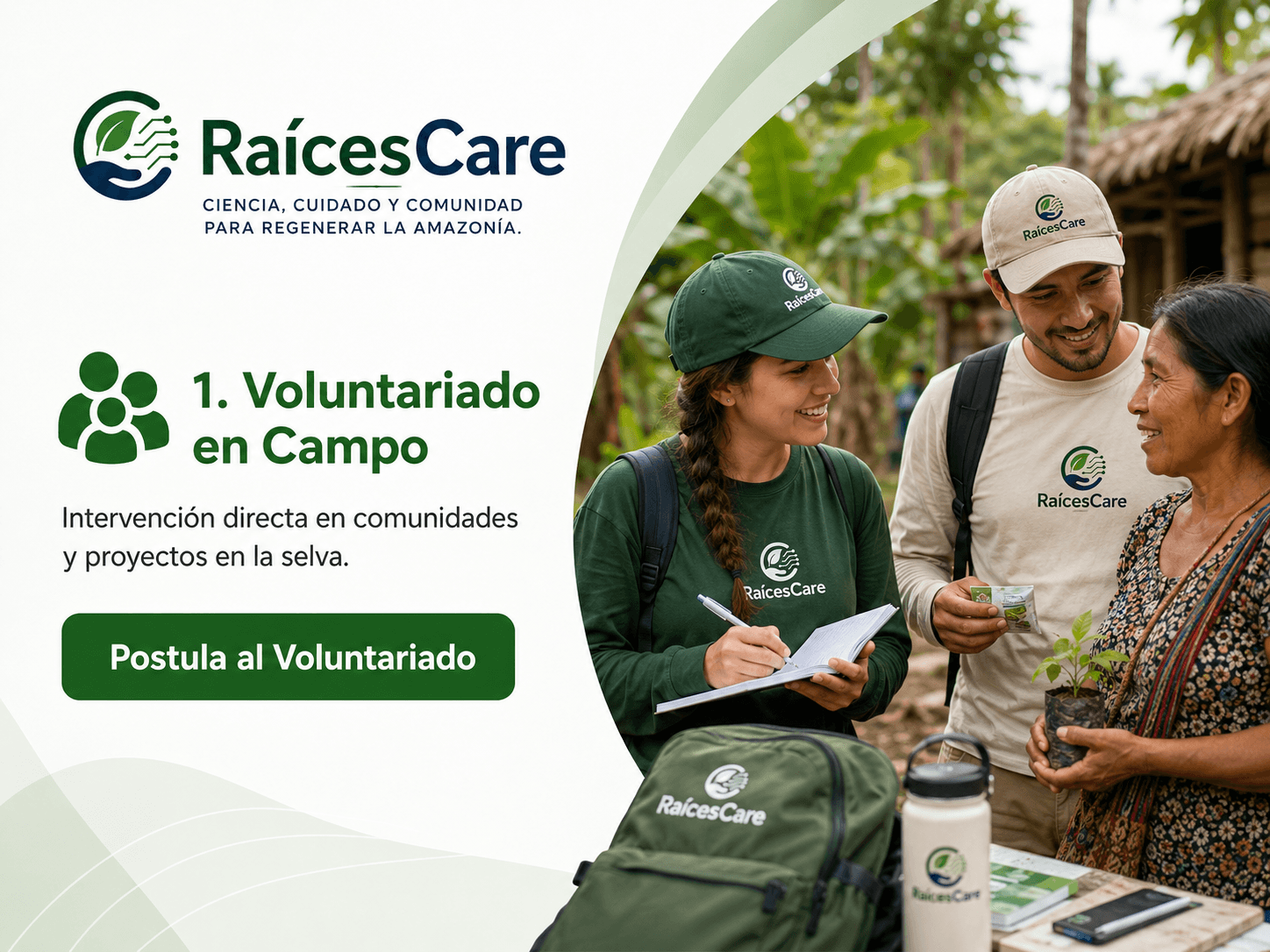 Voluntariado de campo: voluntarios de RaícesCare conversando con una pobladora en una comunidad amazónica